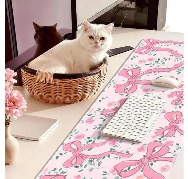 Alt view image 5 of 5 - Pink Bow Gaming Mouse Pad Large Desk Mat Extended Keyboard Cute Mouse Pad Anime Mousepad with Non-Slip Base and Stitched Edge Mouse Mat Desk Pad 31.5 x 11.8 Mouse Pads for Desk Home Office Gaming