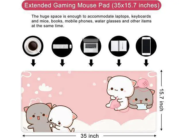 Alt view image 3 of 6 - Pink Large Gaming Mouse Pad Cat Desk Pad XXL Cute Mouse Mat 35x15.7x0.12 inch Desk Accessories Kawaii Desk Mat (Pink Cat -2)