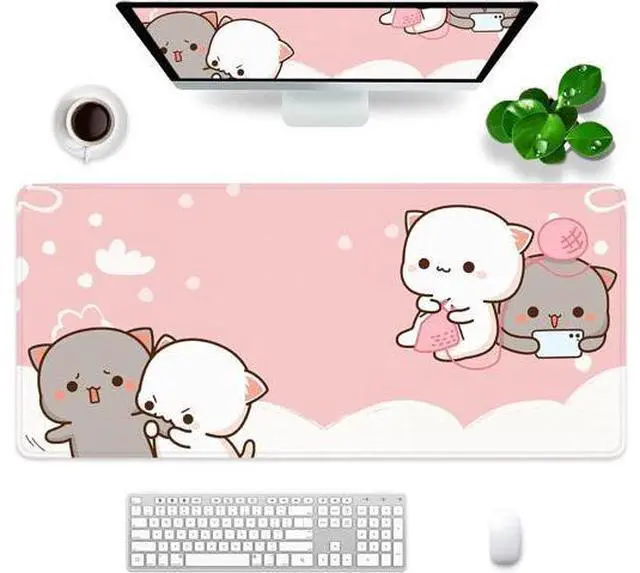 Main image of Pink Large Gaming Mouse Pad Cat Desk Pad XXL Cute Mouse Mat 35x15.7x0.12 inch Desk Accessories Kawaii Desk Mat (Pink Cat -2)