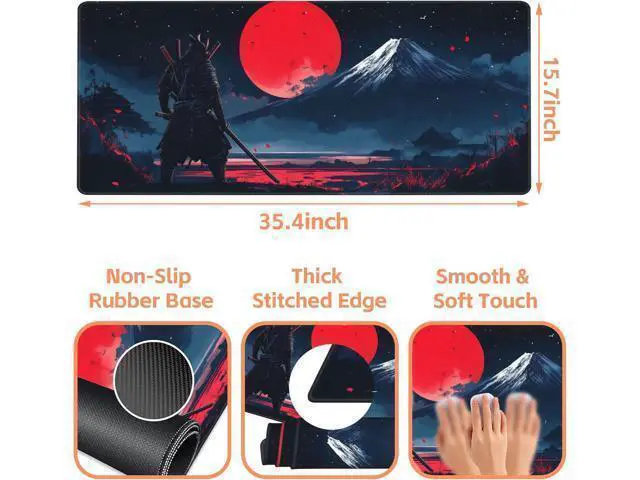 Alt view image 3 of 6 - Mouse Pad Large Samurai and Red Moon Non-Slip Game Desk Mat with Stitched Edge Laptop Keyboard Desk Pad for Work Home Gaming (35.4 x 15.7 Inches)
