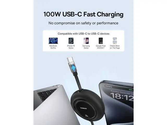 Alt view image 2 of 5 - Baseus USB C to USB C Cable, 100W 6.6ft Retractable USB C Fast Charging Cable, 7-Stage Length Preset Retractable Charger Cord for iPhone 16 15 Pro Plus Pro Max, MacBook, iPad Pro, Samsung S24/S23