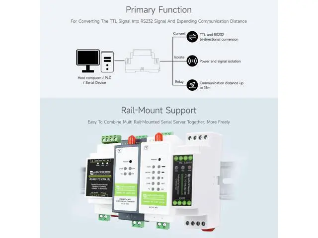 Alt view image 5 of 5 - Rail-Mount TTL to RS232 Galvanic Isolated Converter, Full-Duplex Communication, Lightningproof & Anti-Surge, Multi-Isolation Protection, TTL Serial Converter