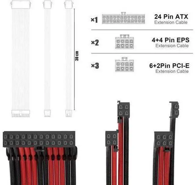 Alt view image 2 of 4 - PSU Cable Extension Kit 30CM Length with Combs,1x24Pin/2x8Pin(4+4) EPS/3x8Pin(6P+2P) PCI-E/PC Sleeved for ATX Power Supply,( Black & Red)