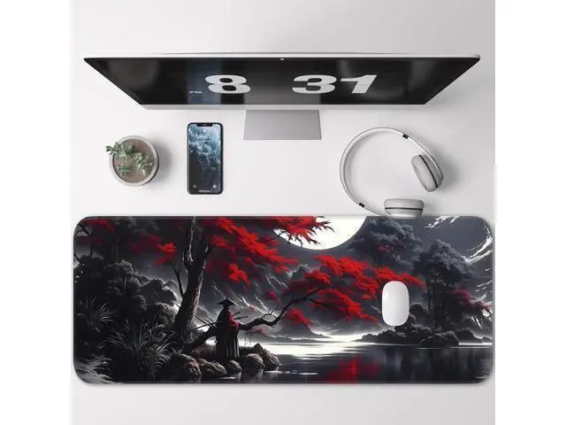 Alt view image 2 of 7 - Japanese Dark Red Moon Gaming Mouse Pad Extended Mouse Pad with Non-Slip Base Full Keyboard Pad with Stitched Edges Large Desk Pad for Gaming Office Home 31.5 x 11.8 Inch