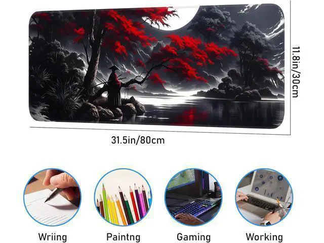 Alt view image 3 of 7 - Japanese Dark Red Moon Gaming Mouse Pad Extended Mouse Pad with Non-Slip Base Full Keyboard Pad with Stitched Edges Large Desk Pad for Gaming Office Home 31.5 x 11.8 Inch