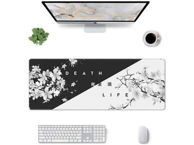 Alt view image 3 of 7 - Black and White Cherry Blossom Gaming Mouse Pad XL Extended Large Mouse Mat Desk Pad Stitched Edges Mousepad Long Non-Slip Rubber Base Mice Pad 31.5 X 11.8 Inch