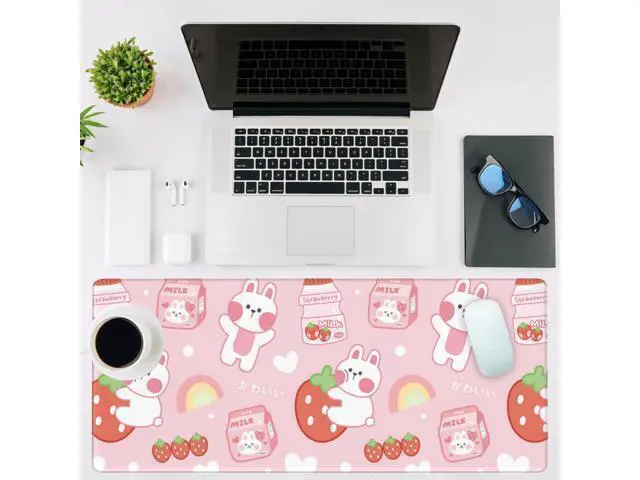 Alt view image 2 of 5 - NIYLYNSYN Large Mouse Pad Rabbit with Strawberry Milk Extended Gaming Keyboard Desk Mat Non-Slip Rubber with Stitched Edge Desk Pad Suitable for Office Home Desktop Decoration (35.4 x 15.7 Inches)
