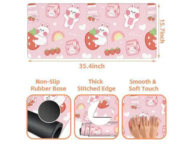 Alt view image 3 of 5 - NIYLYNSYN Large Mouse Pad Rabbit with Strawberry Milk Extended Gaming Keyboard Desk Mat Non-Slip Rubber with Stitched Edge Desk Pad Suitable for Office Home Desktop Decoration (35.4 x 15.7 Inches)