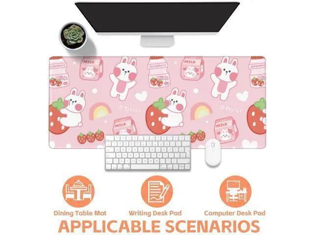 Alt view image 4 of 5 - NIYLYNSYN Large Mouse Pad Rabbit with Strawberry Milk Extended Gaming Keyboard Desk Mat Non-Slip Rubber with Stitched Edge Desk Pad Suitable for Office Home Desktop Decoration (35.4 x 15.7 Inches)