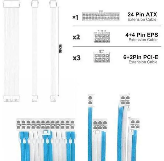 Alt view image 2 of 3 - PSU Cable Extension Kit 30CM Length with Combs,1x24Pin/2x8Pin(4+4) EPS/3x8Pin(6P+2P) PCI-E/PC Sleeved for ATX Power Supply,White, All-White White & Blue