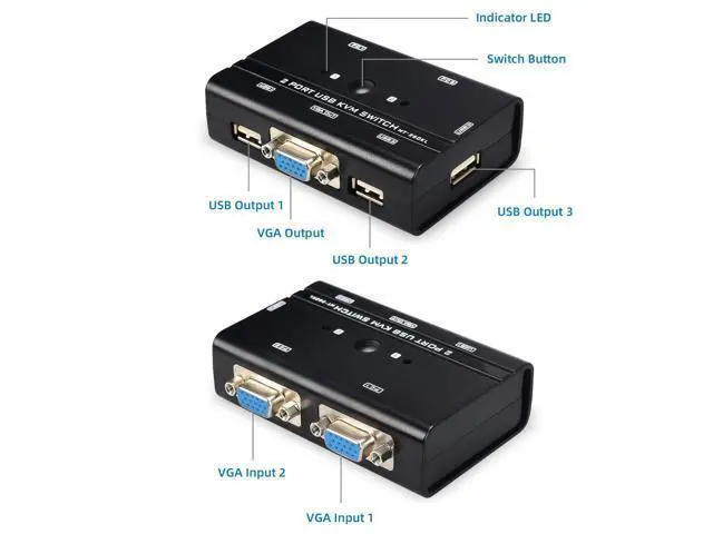 Alt view image 3 of 5 - VGA USB KVM Switch, 2 Port VGA KVM Switcher Selector with Cables for 2PC Sharing 1 Video Monitor and 3 USB Devices Keyboard Mouse Printer Scanner