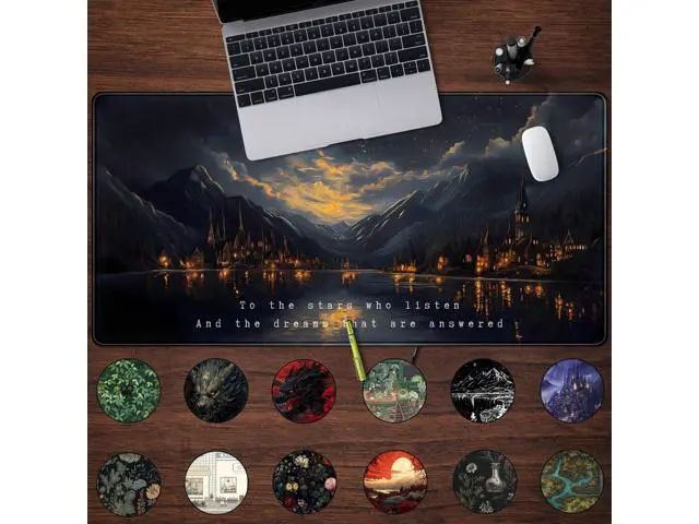 Alt view image 2 of 5 - Starry Night Mountain Desk Pad Mat Moon Oil Painting XXL Black Mouse Pad for Gaming Deskpad, Aesthetic Moon and Stars Mousepad Xxl for Laptop Computer Mouse Game Keyboard Mat, 31.5 X 15.8 In