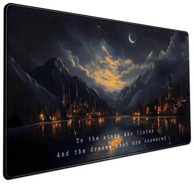 Main image of Starry Night Mountain Desk Pad Mat Moon Oil Painting XXL Black Mouse Pad for Gaming Deskpad, Aesthetic Moon and Stars Mousepad Xxl for Laptop Computer Mouse Game Keyboard Mat, 31.5 X 15.8 In