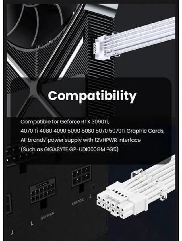 Main image of 16pin GPU Power Cable - 70cm PCI-e 5.0 12VHPWR 600W 12+4 Male to Male 12V-2x6 PSU Sleeved Cable for RTX 3090Ti 4070 Ti 4080 4090 5090 5080 5070 5070Ti to ATX 3.0 Modular Power Supply (White)