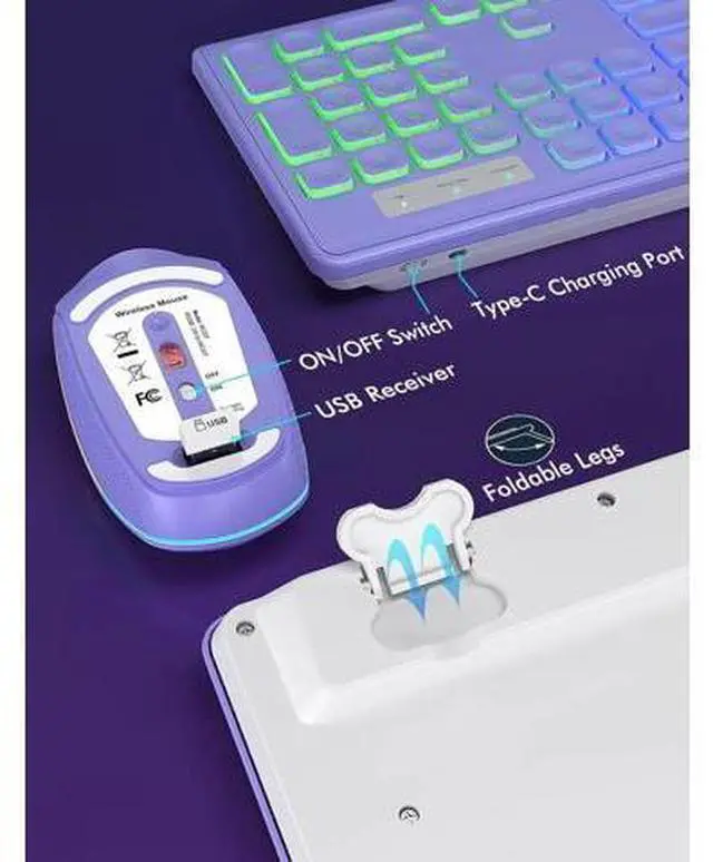 Main image of Wireless RGB Gaming Keyboard & Mouse Set Rechargeable, Ergonomic Tilt Design, 2.4G Quiet Combo for Home/Office - purple