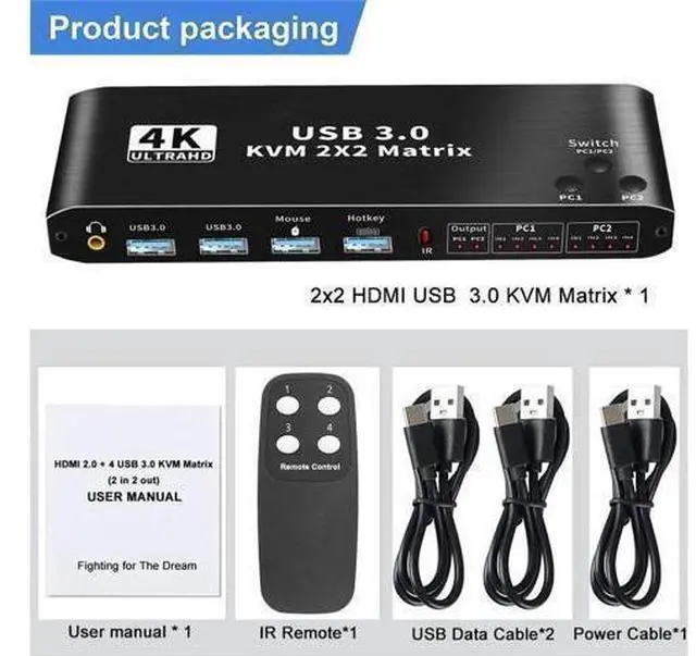 Main image of 2X2 HDMI Matrix KVM Switch 4K@60Hz, Dual Monitor KVM Switcher with 2 USB 3.0 Ports for 2 Computers Share 2 Displays
