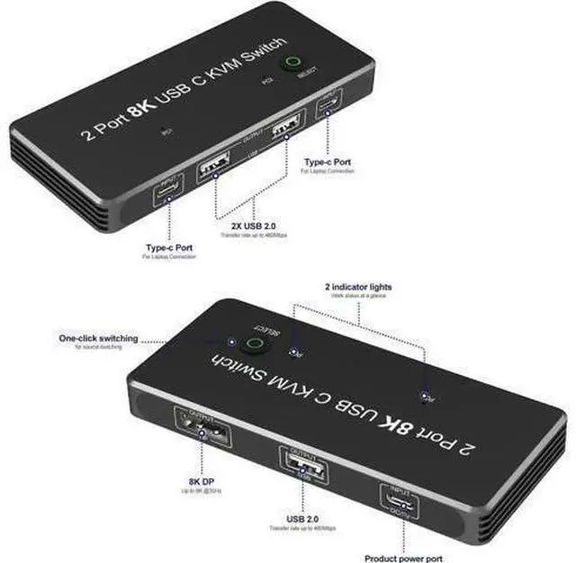Main image of Thunderbolt 3 / Thunderbolt 4 USB-C to DP KVM Switch, 3 USB 2.0 Ports, Support 8K@60Hz & 4K@144Hz DP 1.4, for Monitor, Keyboard, Mouse & Printer