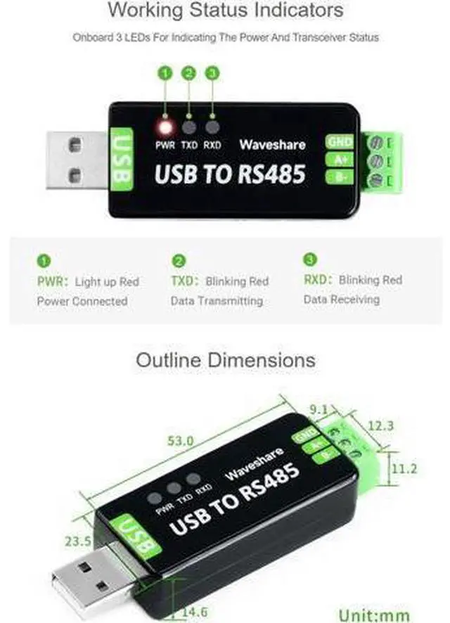 Main image of 2PCS Waveshare Industrial USB to RS485 Converter with Original FT232RL and SP485EEN Embedded Protection Circuits for Industrial Control Equipments and/or Applications