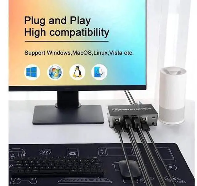 Main image of 4-Port HDMI KVM Switch 4 In 1 Out, Support 4K@60Hz, 4 PCs Share One Monitor, Keyboard & Mouse, Comes with 4 USB Cables, 1 Switch Cable & 1 Power Cable