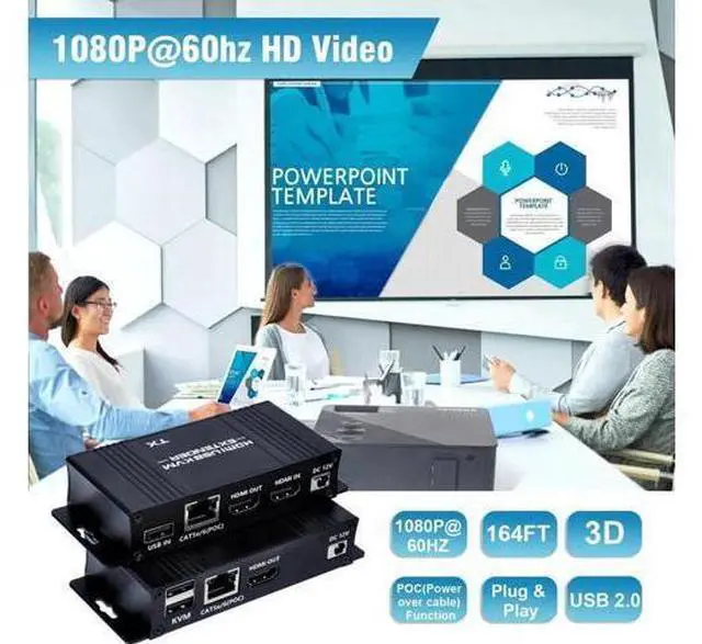 Main image of HDMI KVM Extender Over Cat5e/Cat6/Cat7 Up to 164FT, 1080P@60Hz HDMI over RJ45 Transmitter & Receiver, USB KM Control, Zero Latency, POC Single Power Supply