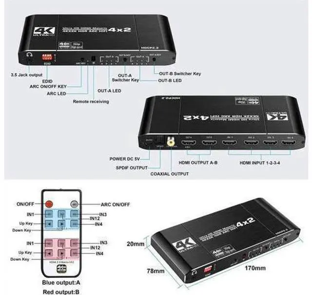 Main image of 4X2 HDMI 2.0 Matrix Switch 4K@60Hz HDR HDCP2.2 with EDID & Audio Extractor, SPDIF Coax + 3.5mm Stereo ARC HIFI Video Splitter