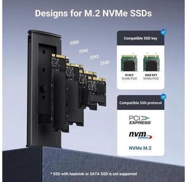 Main image of UGREEN Tool-Free USB C M.2 NVMe SSD Enclosure, USB 3.2 Gen2 10Gbps External SSD Reader Adapter, Compatible with M Key & B+M Key NVMe SSD in 2230/2242/2260/2280 Sizes