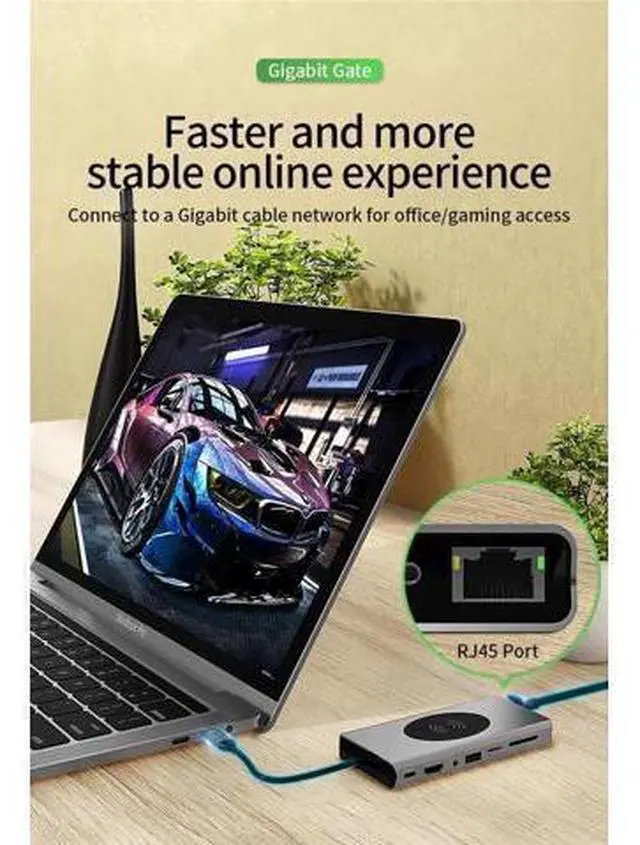 Main image of USB C Docking Station with Dual HDMI, VGA, Qi Wireless Charging, 5×USB3.0, Gigabit Ethernet, 100W PD, SD/TF Card Reader & 3.5mm Audio Jack, Multiport Adapter Compatible with HP, Dell and All Type-C La