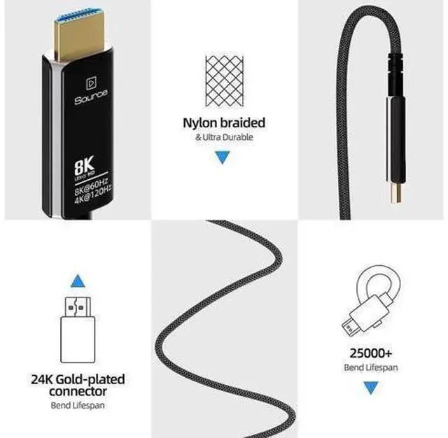 Main image of 8K HDMI 2.1 Fiber Optic Cable Braided Nylon 66FT 4K 120Hz 8K 60Hz Ultra High Speed 48Gbps HDR eARC HDCP2.3, Slim Flexible for RTX3080/3090, Xbox Series X, PS4/5, LG C9/CX(Black+White)