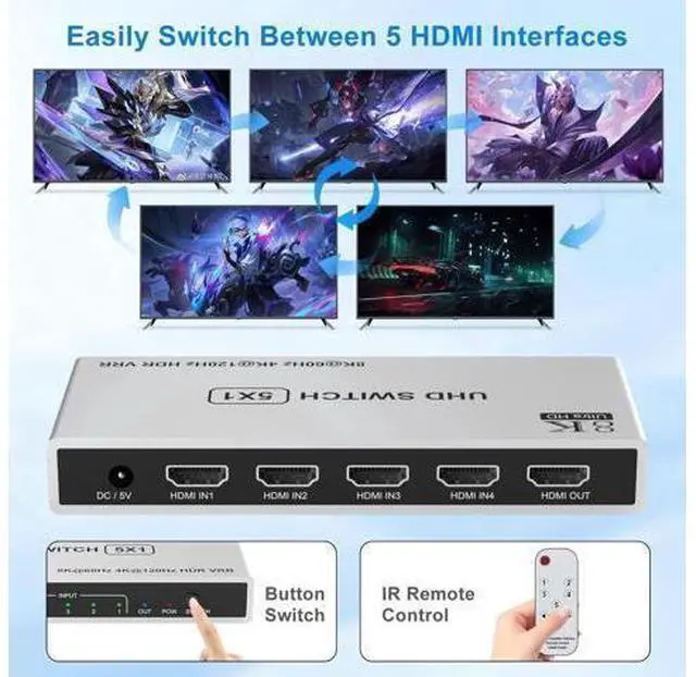 Main image of 5 in 1 Out HDMI 2.1 Switch with IR Remote, 48Gbps 8K@60Hz 4K@120Hz HDMI Switcher Selector Box, Supports HDR, Dolby Vision, HDCP 2.3, CEC for PS5/PS4/PS3, Xbox Series X/S, DVD, Blu-ray Player, PC, UHD