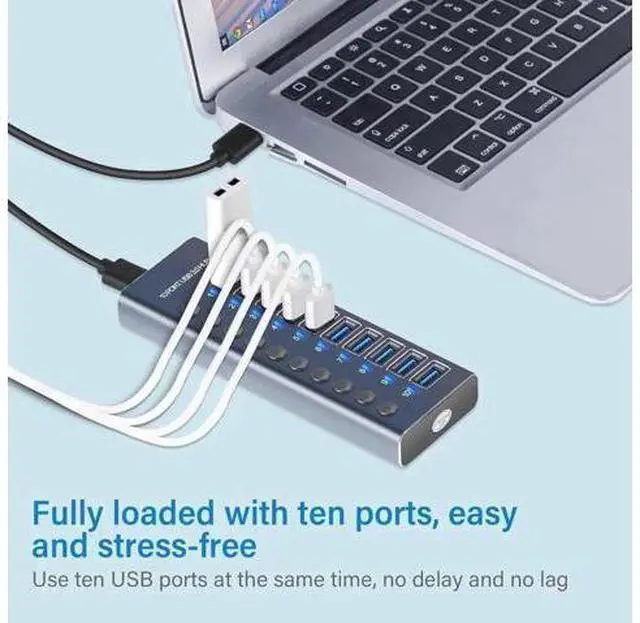 Main image of 10 Port Powered USB 3.0 Hub Splitter with Independent LED On/Off Switches, High Speed Data Transfer USB Hub with Power Adapter for Mac, PC Desktop & Laptop