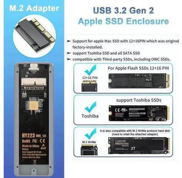 Main image of USB C 3.2 MacBook SSD Enclosure, Aluminum 12+16 Pin Apple Proprietary SSD Adapter, External NVMe SSD Case for 2013-2017 MacBook Air/Pro, Mac Pro, iMac Retina Original Drives