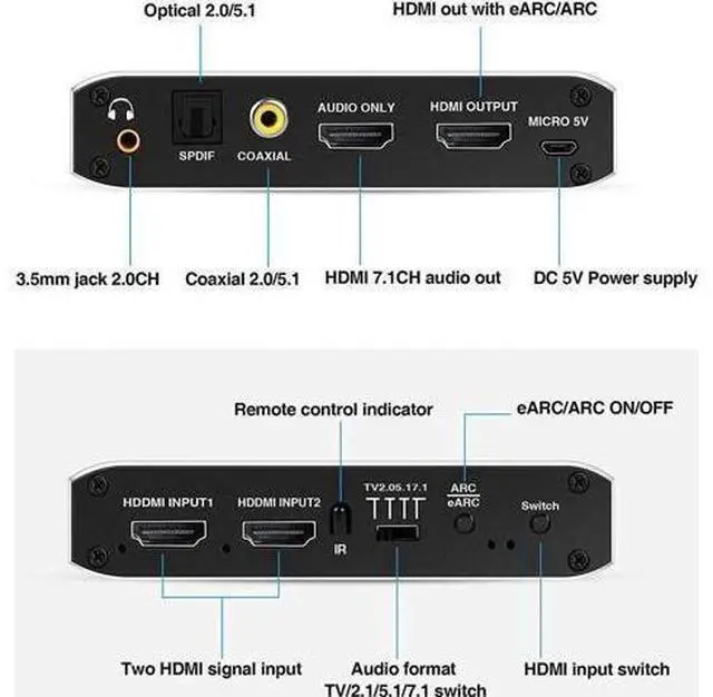 Main image of NEWCARE 2 in 1 Out HDMI 2.0b Switch with eARC Audio Extractor, 4K@60Hz HDMI Switcher Converter with IR Remote, Supports 7.1CH Dolby Atmos, eARC/ARC, Optical Toslink SPDIF, Coaxial & 3.5mm Audio Output