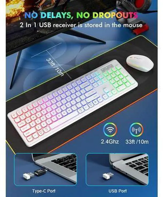 Main image of Wireless RGB Gaming Keyboard & Mouse Set Rechargeable, Ergonomic Tilt Design, 2.4G Quiet Combo for Home/Office - white