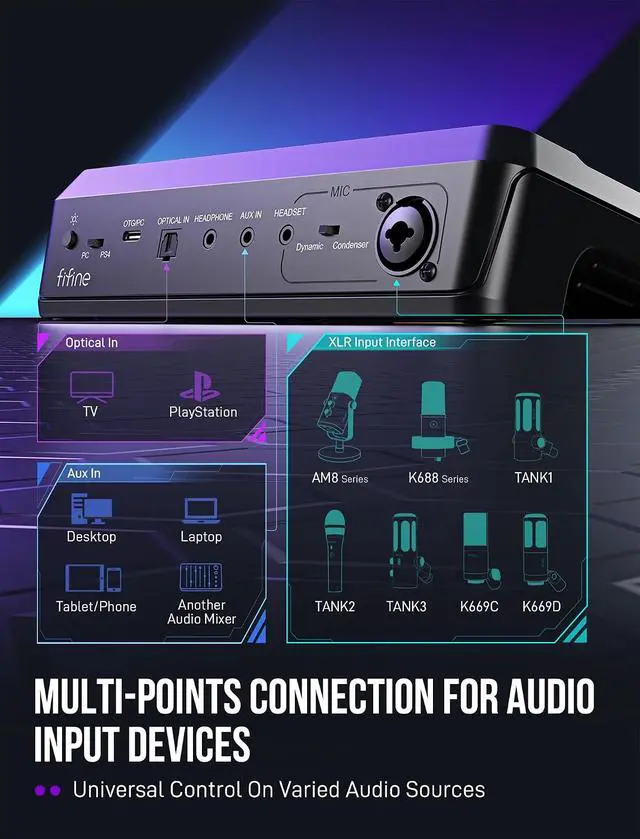 Alt view image 3 of 5 - Gaming Audio Mixer with XLR Cable Bundle, RGB Streaming Mixer with XLR Interface, Volume Control, Voice Changer, Headphone Amp, Game/Chat Mix for Video Recording, YouTube (SC8+L9)