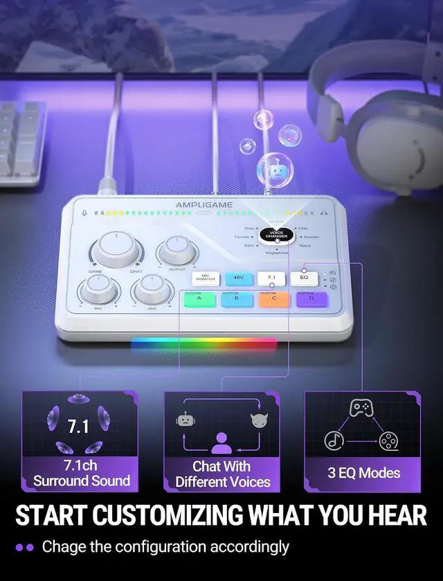 Alt view image 6 of 7 - Gaming Audio Mixer and XLR Cable Bundle, Audio Setup with 7.1ch Surround Sound,RGB-Volume Control-3 EQ Modes and 10ft Male to Female XLR Cable for Streaming,Content Creator-SC8W+L9W