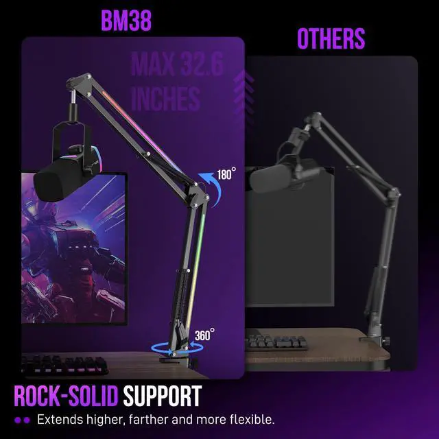 Alt view image 3 of 7 - BM38 Metal Microphone Boom Arm Stand with RGB for Gaming
