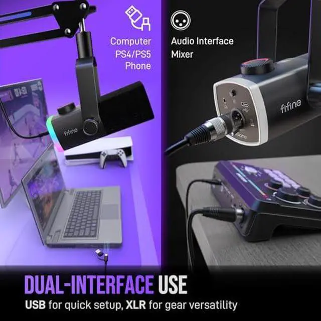 Alt view image 3 of 4 - Gaming Streaming Bundle, XLR/USB RGB Dynamic Mic with Boom Arm & Quick-Mute, 7.1 Surround Sound RGB Mixer and Noise-Canceling Headset with 3 EQ Modes for Podcast/Recording-AM8PROT+SC8+H13BP
