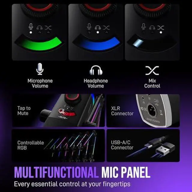 Alt view image 4 of 7 - Gaming Recording Kit, XLR/USB Dynamic PC Mic with Boom Arm & RGB Mixer, 48V Phantom Power, Tap-to-Mute for Streaming/Podcast(AM8PROT+SC3)
