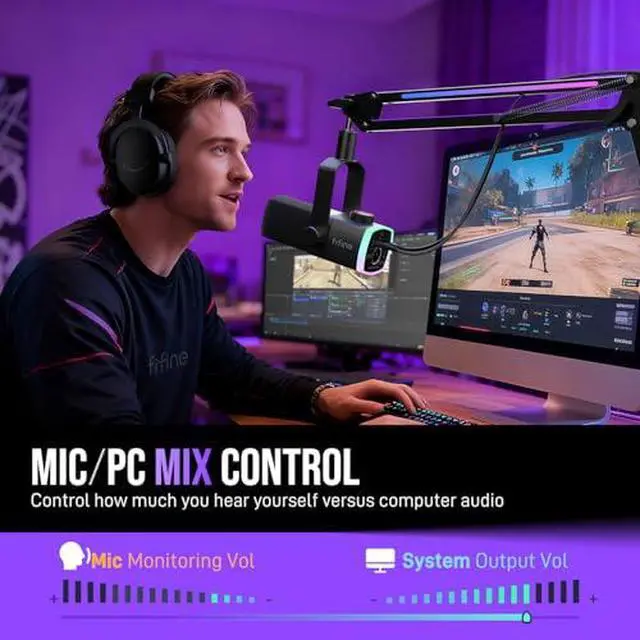 Alt view image 6 of 7 - Gaming Recording Kit, XLR/USB Dynamic PC Mic with Boom Arm & RGB Mixer, 48V Phantom Power, Tap-to-Mute for Streaming/Podcast(AM8PROT+SC3)