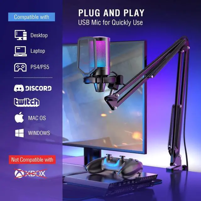 Alt view image 6 of 7 - Gaming USB Microphone Bundle with Mic Boom Arm, Condenser Mic with Quick Mute, RGB Light for Streaming, Suspension Scissor Arm Stand Kit for Recording Voice-Over Studio (A6V+CS1)