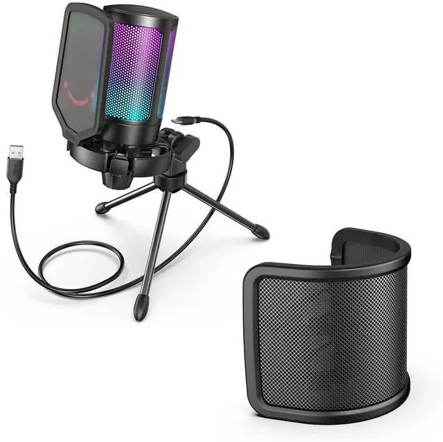 Main image of Gaming USB Condenser Microphone with Pop Filter Bundle, Quick Mute, RGB Indicator, Tripod Stand, Shock Mount, Gain Control for Streaming YouTube Videos (A6V+U1)