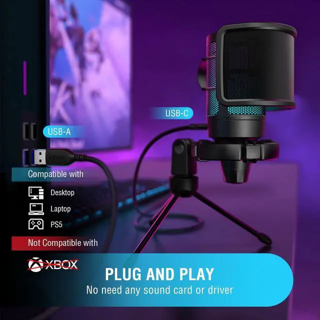 Alt view image 5 of 7 - Gaming USB Condenser Microphone with Pop Filter Bundle, Quick Mute, RGB Indicator, Tripod Stand, Shock Mount, Gain Control for Streaming YouTube Videos (A6V+U1)