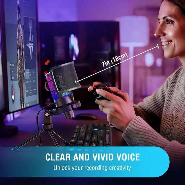 Alt view image 6 of 7 - Gaming USB Condenser Microphone with Pop Filter Bundle, Quick Mute, RGB Indicator, Tripod Stand, Shock Mount, Gain Control for Streaming YouTube Videos (A6V+U1)