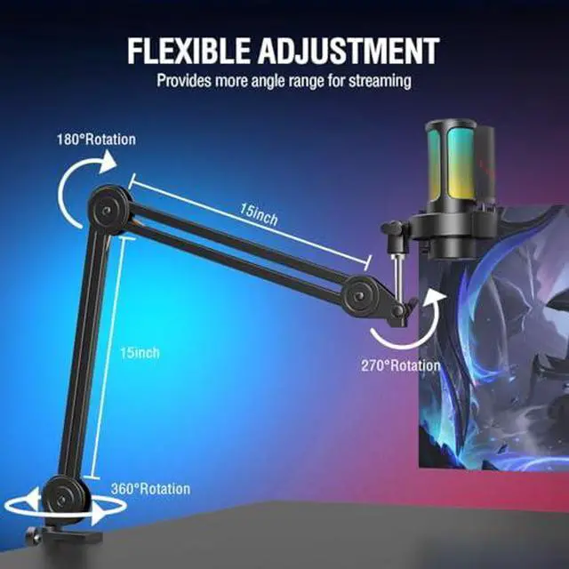 Alt view image 7 of 7 - Gaming Microphone and Heavy Duty Boom Arm Bundle, USB PC Mic with RGB Control, Mute Touch, Headphone Jack, Pop Filter, Stand for Streaming, Podcasts, Recording on Mac/PS4/PS5 (A8+BM63)
