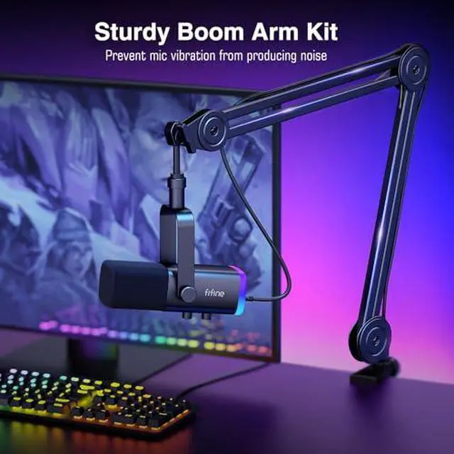 Alt view image 2 of 7 - XLR/USB Microphone and Heavy Duty Boom Arm Kit, PC Computer Gaming Streaming Mic with RGB Light, Mute Button, Headphones Jack, Microphone Arm Stand Bundle for Podcast Recording (AM8+BM63)