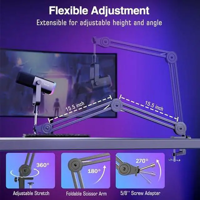 Alt view image 7 of 7 - XLR/USB Microphone and Heavy Duty Boom Arm Kit, PC Computer Gaming Streaming Mic with RGB Light, Mute Button, Headphones Jack, Microphone Arm Stand Bundle for Podcast Recording (AM8+BM63)