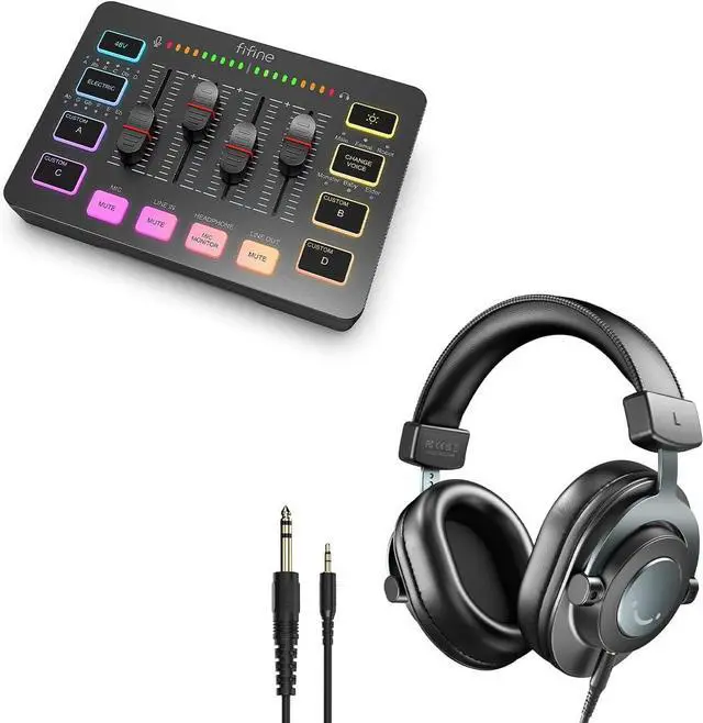 Main image of Gaming Audio Mixer and Studio Monitor Headphones Set, Streaming RGB Mixer with Volume Control, Mute Button, 6.35MM Interface, Over-Ear Wired Headphones Bundle for Recording Podcast (H8+SC3)