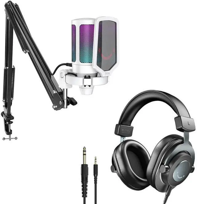Main image of PC RGB Microphone Kit, 3.5mm/6.35mm Over-Ear Headphones, Computer Microphone Bundle with Pop Filter, Shock Mount, Studio Monitor Wired Comfortable Equipment with Detachable Cables (A6TW+H8)