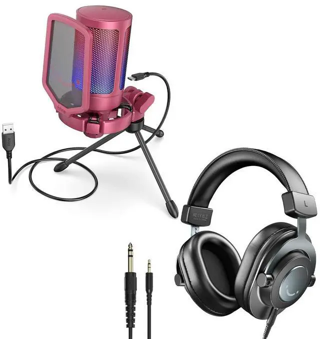 Main image of Gaming Streaming Microphone 3.5mm/6.35mm Monitoring Headphones, Podcasts Bundles, USB RGB Condenser Mic with Pop Filter, Shock Mount, Studio Over-Ear Wired Headphones-Red (A6R+H8)