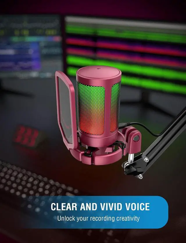 Alt view image 4 of 7 - Gaming Streaming Microphone 3.5mm/6.35mm Monitoring Headphones, Podcasts Bundles, USB RGB Condenser Mic with Pop Filter, Shock Mount, Studio Over-Ear Wired Headphones-Red (A6R+H8)